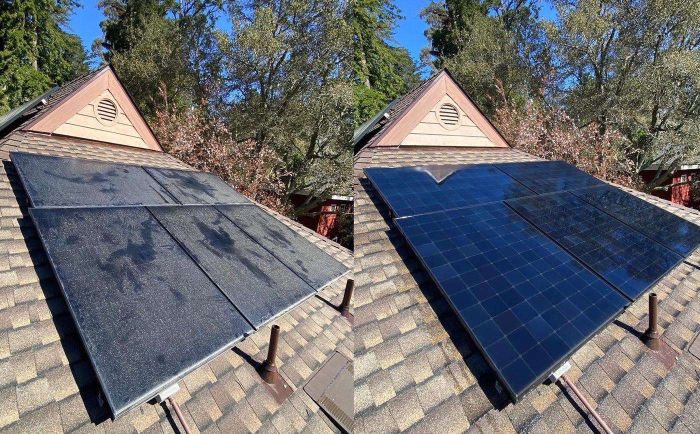 Before and after comparison of residential rooftop solar panels, grimy on the left and clean on the right after professional cleaning